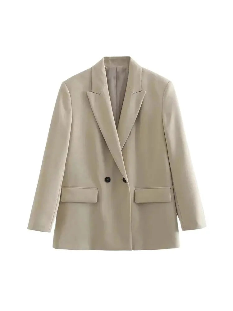 Women Fashion Double Breasted Loose Fitting Blazer Coat Vintage Long Sleeve Pockets Female Outerwear Chic Veste Femme